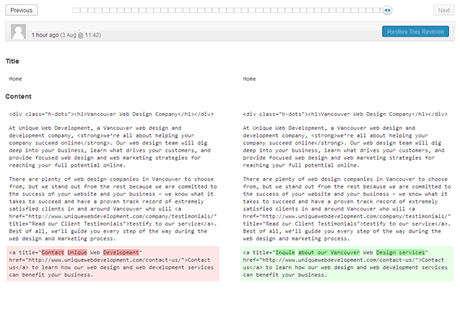 New WordPress revisions feature in action.